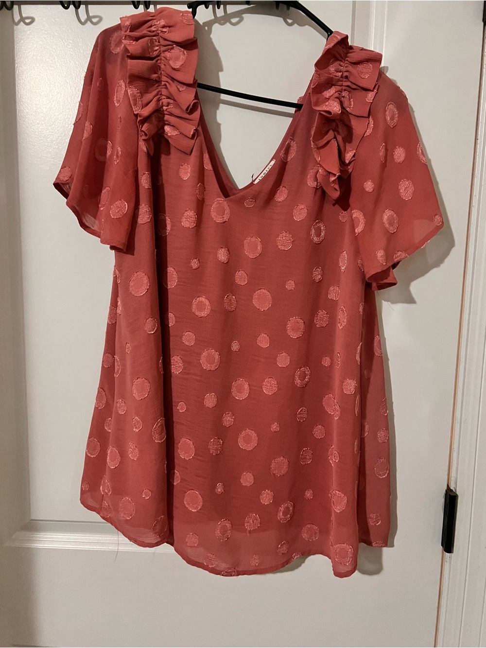 JODIFL Dusty Rose Dot Ruffle V-Neck Blouse